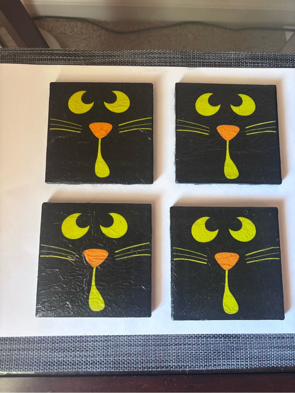 Vintage Style Black Cat Coasters Set of 4 Halloween Spooky Green Eyes Felt Back